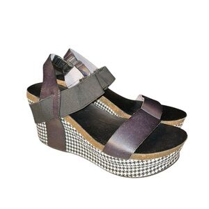 Corkys Platform Wedge Strappy Sandals Houndstooth Check Boho City Size 10 Retro